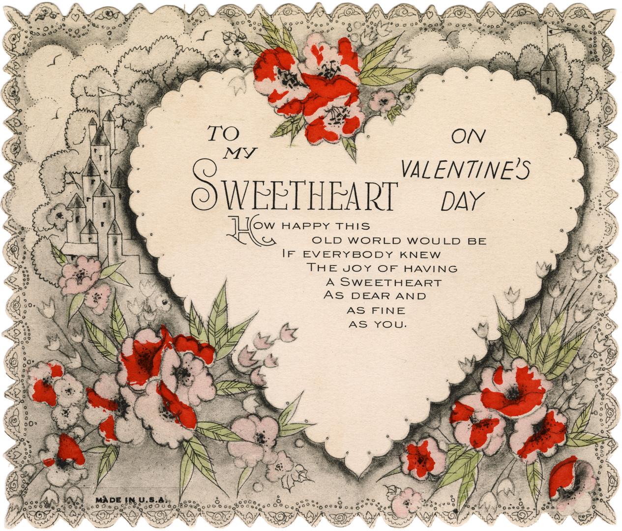The centre of the card contains a verse, framed by a heart. The rest of the card depicts flower ...