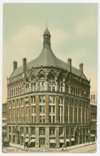 Colorized photograph of an early skyscraper with a curved roof.