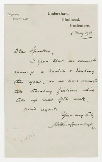 Manuscript letter in Major Alfred Wood's handwriting. 