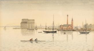 A painting of a harbour, with two people in a rowing skiff in the foreground and five anchored …