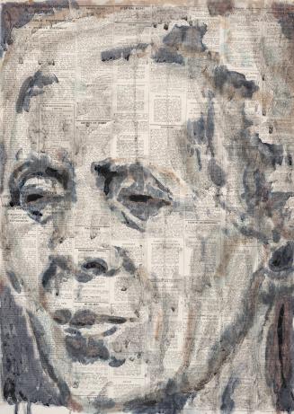 A portrait painting of an elderly woman with short hair, painted overtop of a newspaper page fr ...
