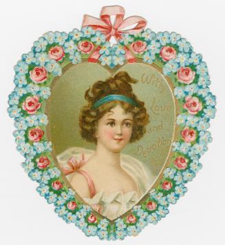 A portrait of a woman in the centre of a heart decorated with blue and pink flowers. A pink bow ...