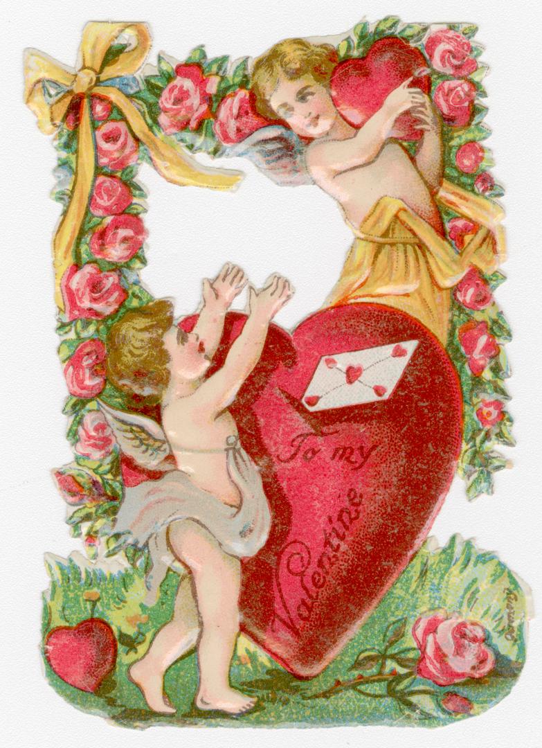 Two cherubs with hearts and red roses, a valentine envelope between them. Die-cut.