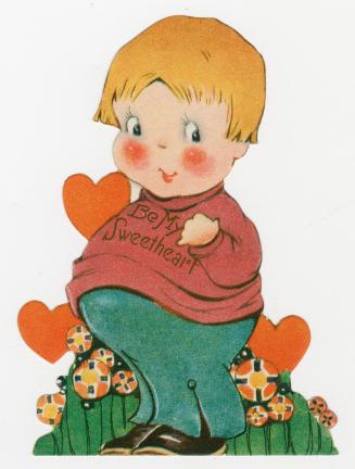 A child stands in a patch of flowers with rosy cheeks and a smile. Hearts are in the background ...
