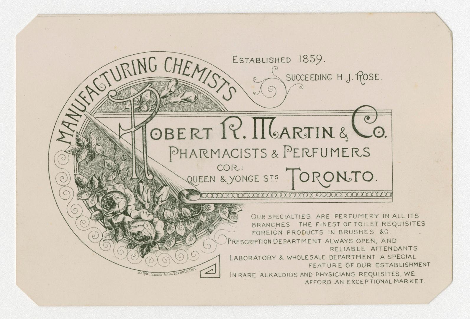 B/w trade card advertisement on cream-coloured cardstock with text and seal stating, "Robert R. ...