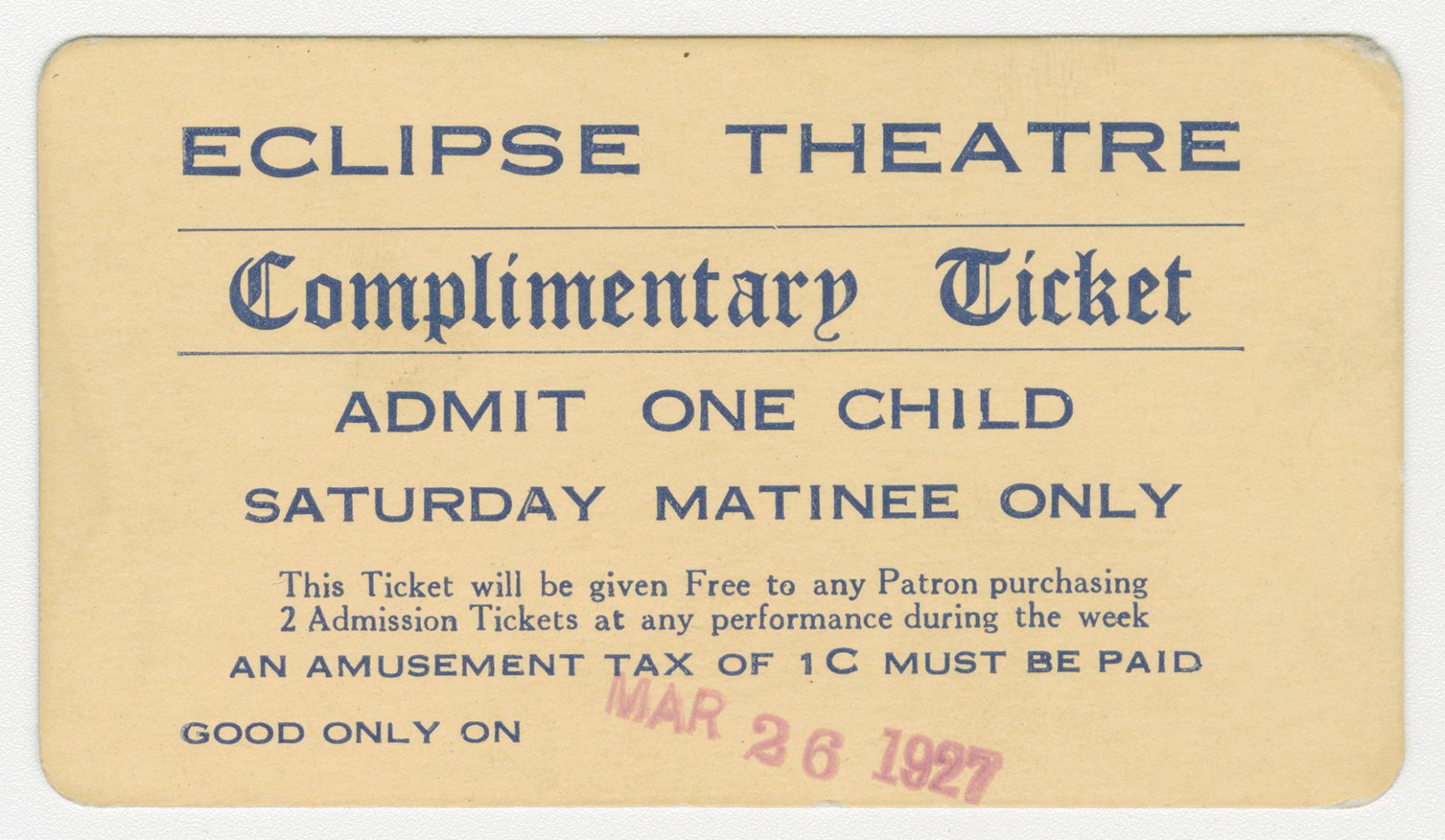 Eclipse Theatre complimentary ticket admit one child
