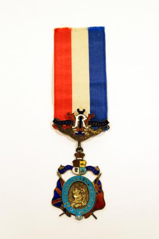 A metal charm hanging from a red, white, and blue ribbon. Queen Victoria silhouette in an oval  ...