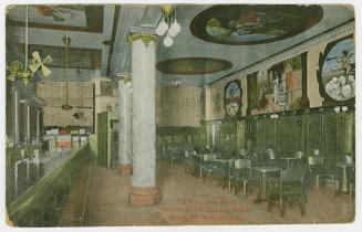 Colorized photograph of the interior of a hotel restaurant.