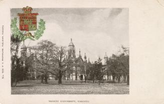 Colour postcard depicting a photo of the exterior of Trinity University and surrounding land, w ...
