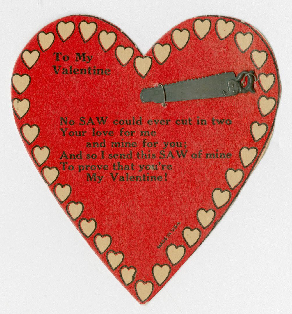 A red heart shaped card with a rhyming verse in the centre. The verse mentions that "No SAW cou ...
