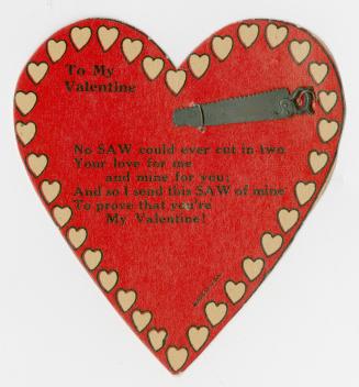 A red heart shaped card with a rhyming verse in the centre. The verse mentions that "No SAW cou ...