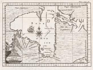 The map cartouche is an illustration of the bow of a ship with a large flag, and two sailors. A ...