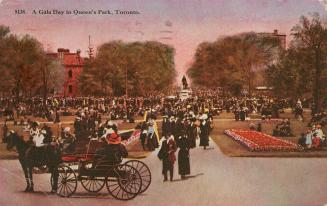 Picture of crowds of people at a park and horse and buggy in foreground. 