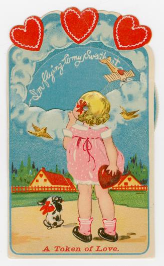 A mechanical card. A girl stands in an open field. A dog is at her feet and houses are in the d ...