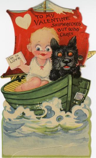 A mechanical card. A girl and a large dog ride together in a green boat with a red sail. Waves  ...