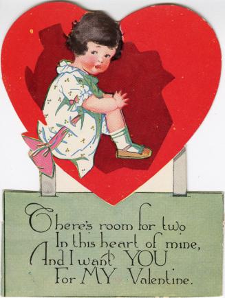The card depicts a young girl sitting down. A giant red heart in the background frames her. A r ...