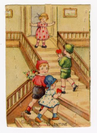 Three children walk up a staircase in a large house. Two children hold hearts and one holds a b ...