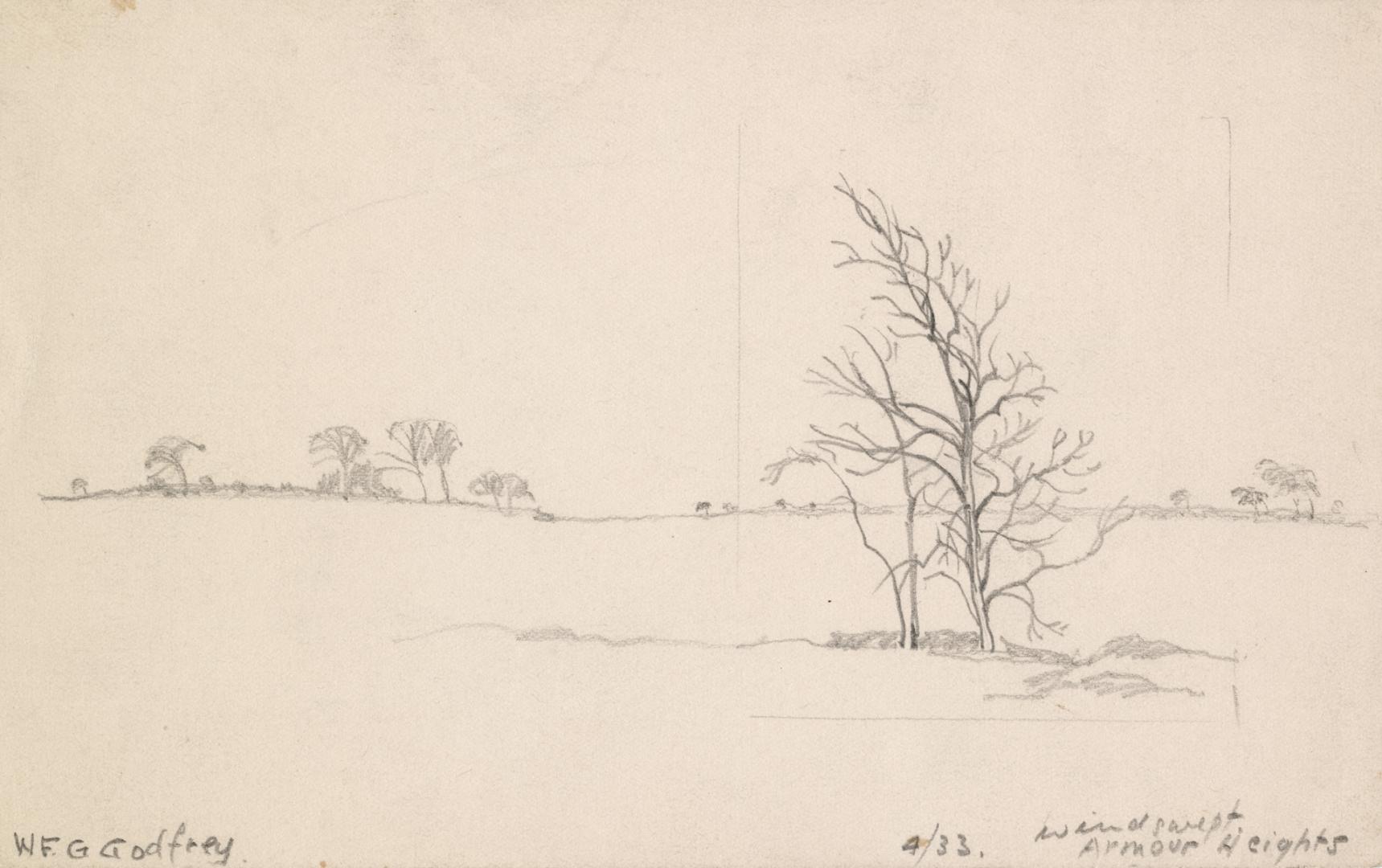 An illustration of a field with a few small trees with no leaves visible in the foreground and  ...