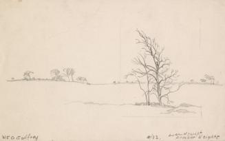 An illustration of a field with a few small trees with no leaves visible in the foreground and  ...