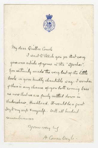 Manuscript letter in Arthur Thomas Quiller-Couch's handwriting. 