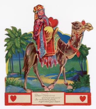 A mechanical card. A woman in brightly coloured robes rides a camel through a desert oasis. A w ...