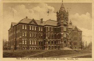 Sepia-toned photo postcard depicting a large building at the University of Toronto campus. The  ...