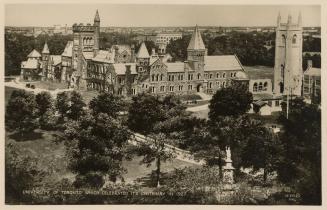 Black and white photo postcard depicting an exterior, elevated view of Hart House at the Univer ...