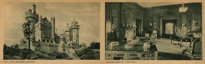 Three black and white pictures of a castle, one exterior and two interiors.