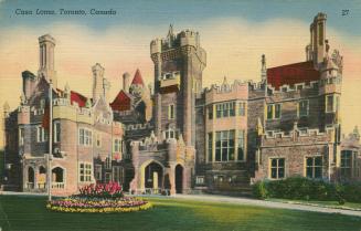 Colorized photograph of a castle surrounded by manicured grounds