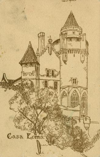 Sepia toned drawing of a castle with turrets.