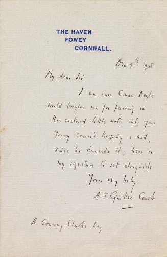 Manuscript letter in Arthur Quiller-Couch's handwriting. 