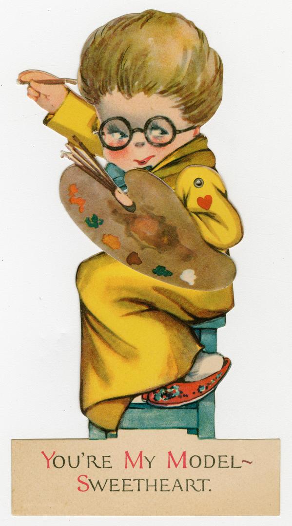 A mechanical card. A person dressed in yellow with a blue bow-tie holds a painter's pallet in o ...