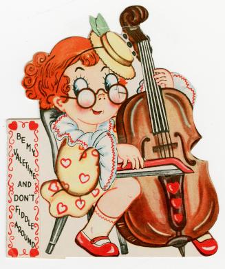 A mechanical card. A girl is pictured playing a cello. Pulling a tab causes her hand and the bo ...