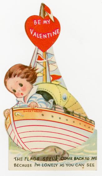 A mechanical card. A girl leans over the side of a sailboat. Below her waves and rocks are visi ...