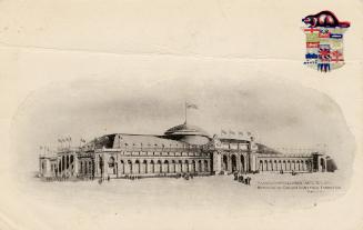 Black and white drawing of a long and low building in the Beaux Arts style with many arches.