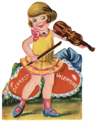 A mechanical card. A girl in a yellow dress stands on a path holding a violin. A pivot allows h ...