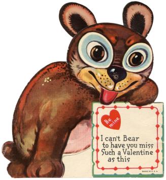 A mechanical card. A cartoon bear with large eyes holds a card with a heart and verse on it. A  ...