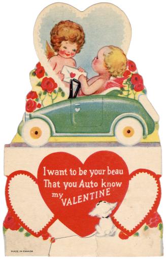 Two cherubs exchange an envelope with a heart on it. One of the cherubs is driving a green car. ...