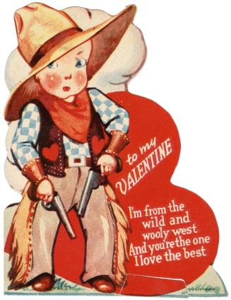 A boy dressed in cowboy costume holds two pistols and stands next to a large heart. A rhyming v ...