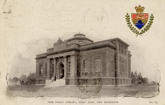 Picture of large library building with crest in upper right corner of card. 