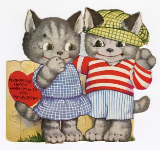 A mechanical card. Two grey cartoon cats are pictured standing side by side. One cat wears a bl ...
