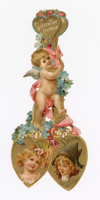 Two gold, heart-shaped spoons, each with the image of a child. A cherub holds the handles toget ...