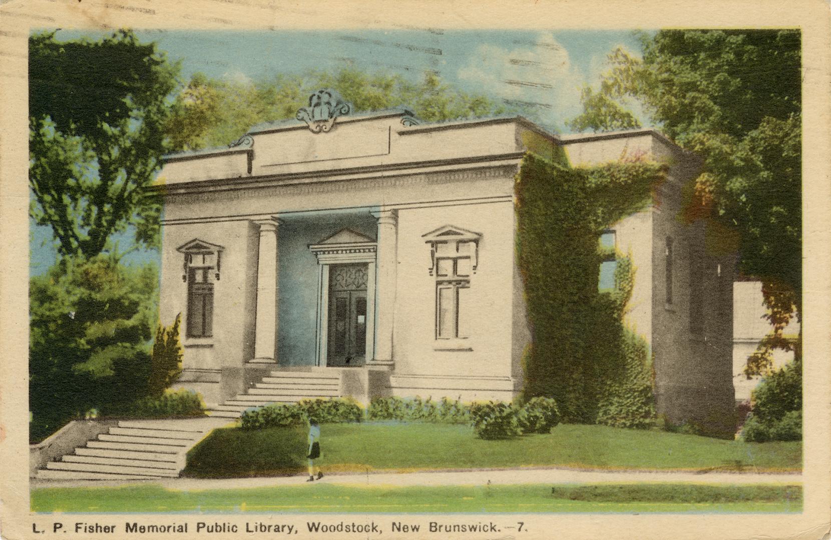 Picture of one storey brick and grey stone library building. 