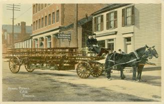 Colour postcard depicting a horse-drawn carriage with a hook and ladder of the Toronto Fire Dep ...