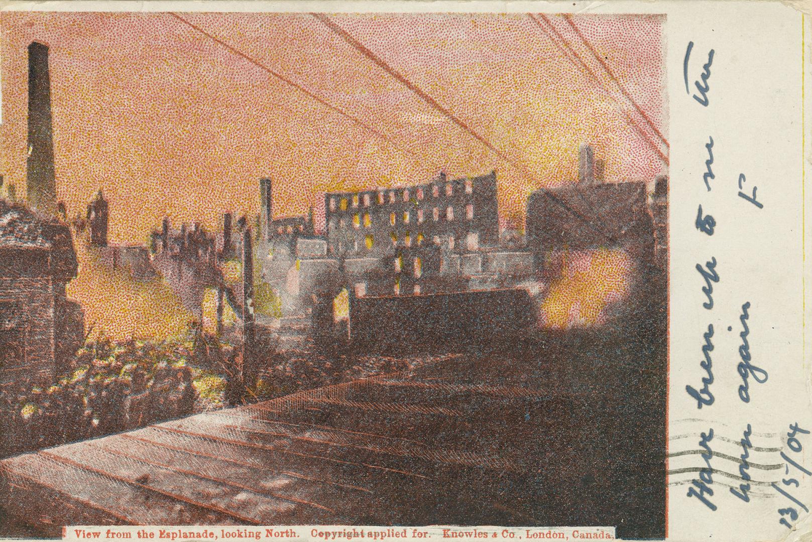 Colour postcard depicting firefighters attempting to extinguish the 1904 fire of Toronto amid a ...
