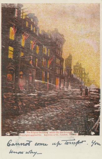 Colour postcard depicting buildings on fire during the 1904 fire of Toronto. The caption on the ...