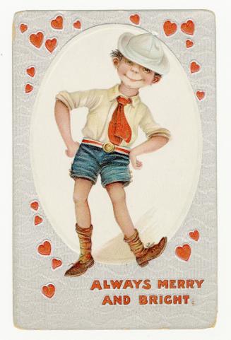 A smiling boy posing with his arms akimbo is surrounded by hearts. 