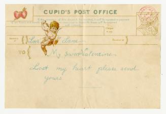 This item consists of an envelope containing a telegram from cupid's post office. Printed in Ba ...