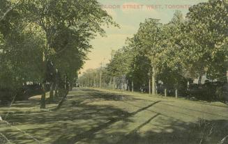 Colorized photograph of a road with sidewalks with tall trees lining it.