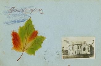 Small picture of library building on blue card with felt maple leaf. 